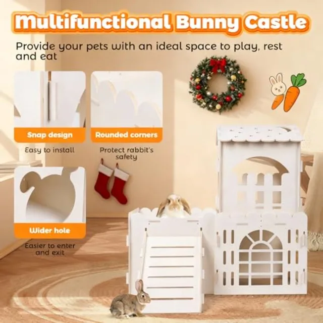 Large Rabbit House Wooden Bunny Castle with Indoor Rabbit Guinea Pig Cage Multistory Climbing Tower Sturdy Wooden Castle Small