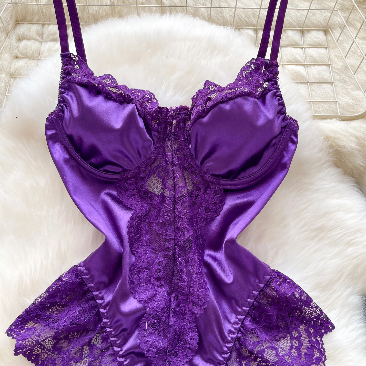 lace spliced bodysuit with satin finish