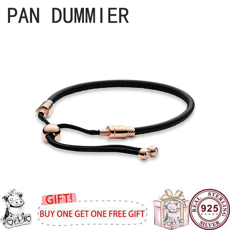 New Hot 925 Silver Exquisite Pink Leather Rope Women's Sliding Bracelet Suitable for Original High Quality DIY Charm Jewelry