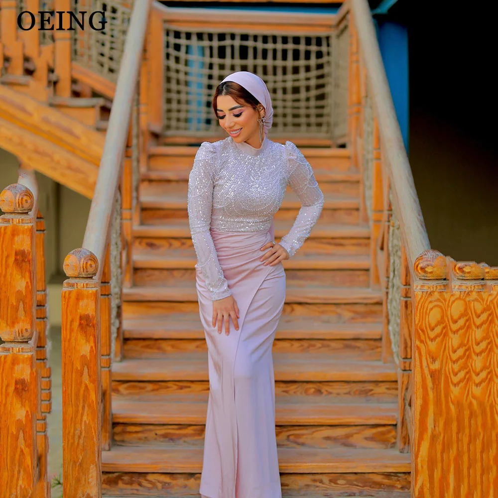 

OEING Muslim Dubai Arabic Women Evening Dresses Sparkly High Neck Floor Length Modest Formal Long Prom Gowns Wedding Party Dress