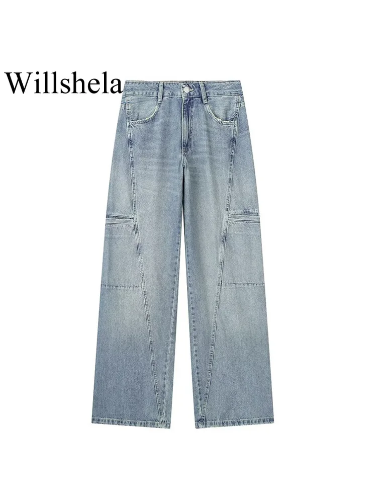 

Willshela Women Fashion Denim Blue Front Zipper Wide Leg Pants Vintage Mid Waist Full Length Jeans Female Chic Lady Trousers