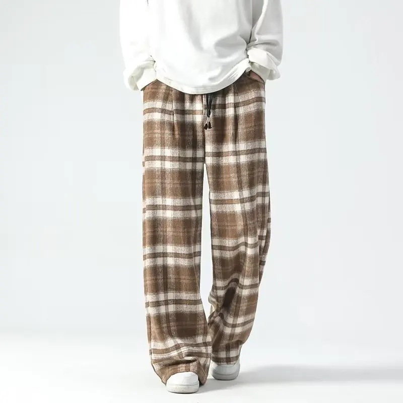Loose Lazy Plaid Velvet Joggers Pants Men Streetwear Oversized Pants Y2k Fashion Casual Hop Hop Elastic Wasit Straight Trousers