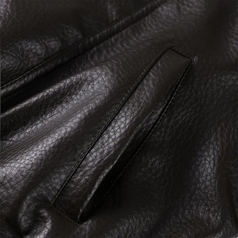 Kordelzug in der Taille, solide strukturierte PU-Lederjacke für Damen, Stehkragen, asymmetrischer Reißverschluss, Knopfdetail, Übergröße, 2025, volle Streetwear – Detail 9