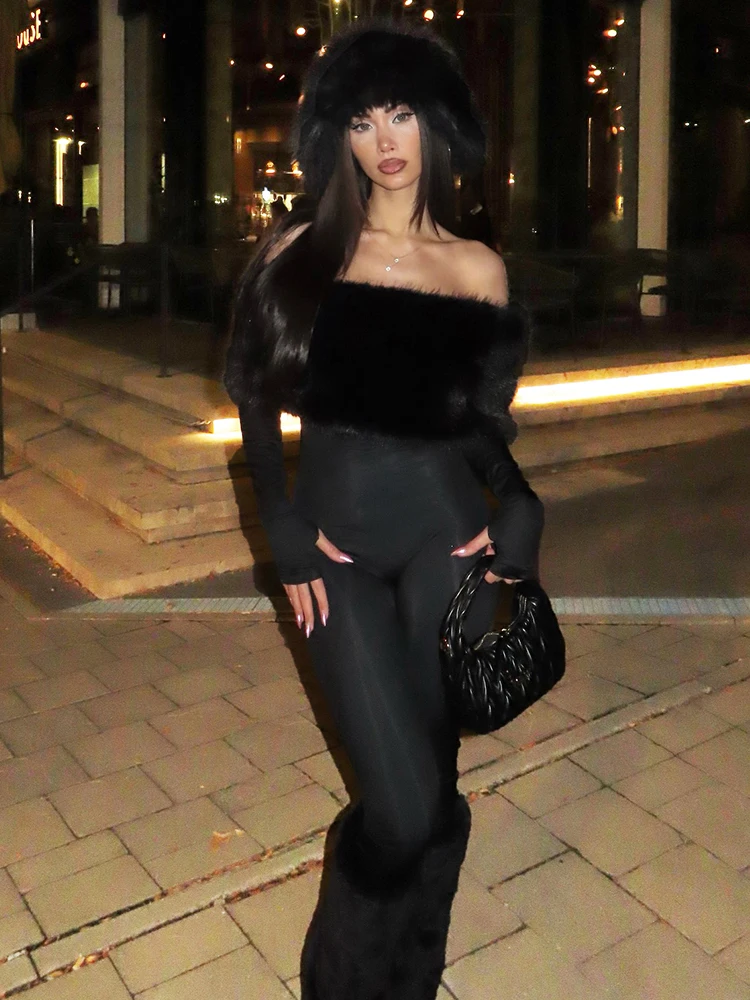 Nibber Winter Furry Patchwork Jumpsuits Women Slash Neck Full Sleeve Sexy Simple Stretch Skinny Street Hipster Club Overalls