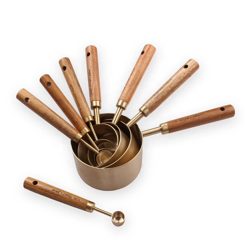 Stainless Steel Measuring Spoons With Scale Wooden Handle Household Kitchen Dining Bar Baking Tools Measuring Cups 4/8pcs