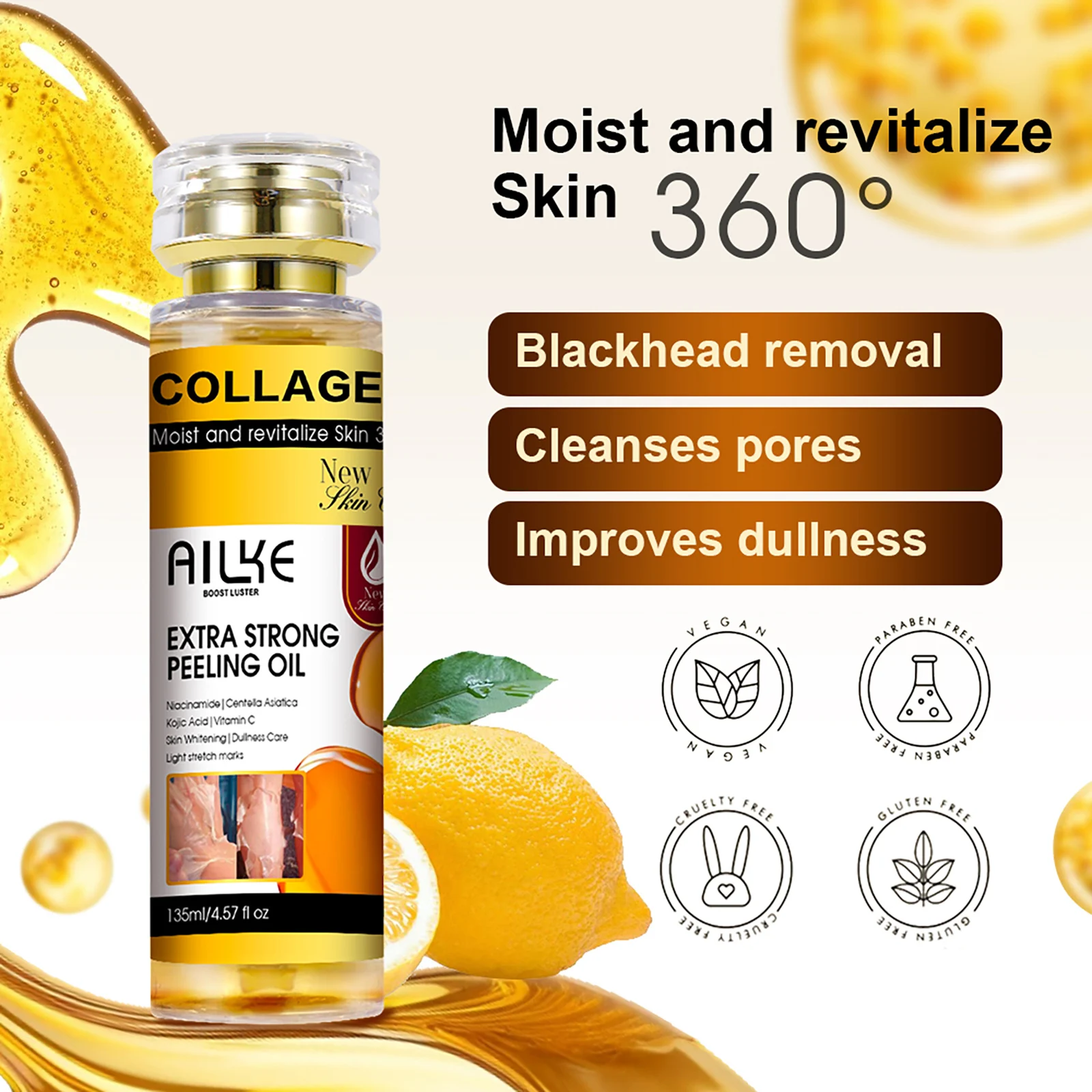 AILKE Collagen Yellow Peeling Oil For All Skin Types, Stretch Mark Removal, Lightening , Improve Rough Skin, Gentle Exfoliation