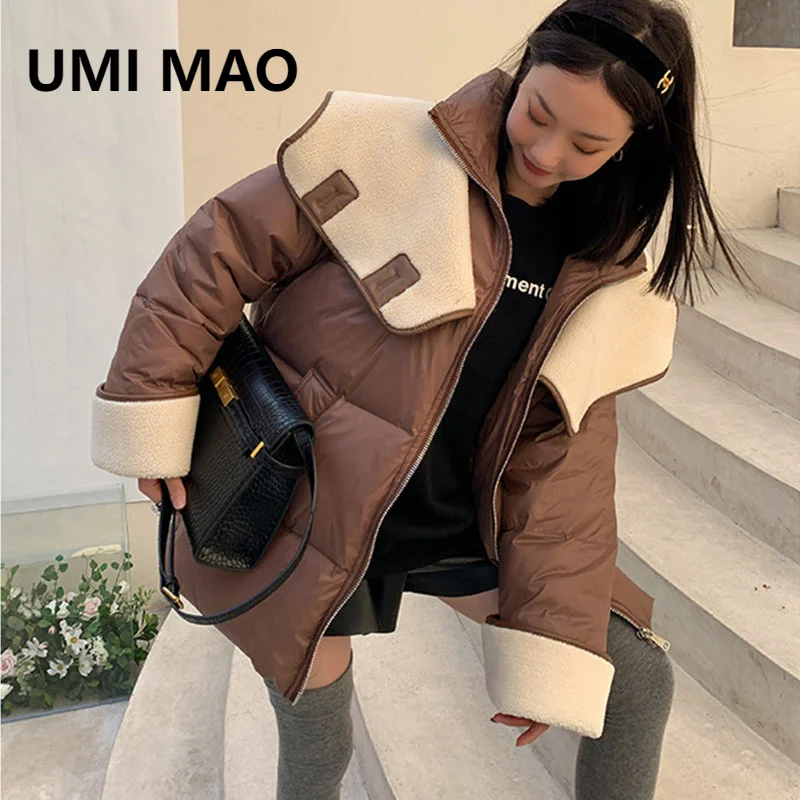 

UMI MAO Medium Long 90 White Duck Down Jacket Women's 2023 Winter Jacket New Down Thickened Loose Thin Lamb Wool Patchwork Coat