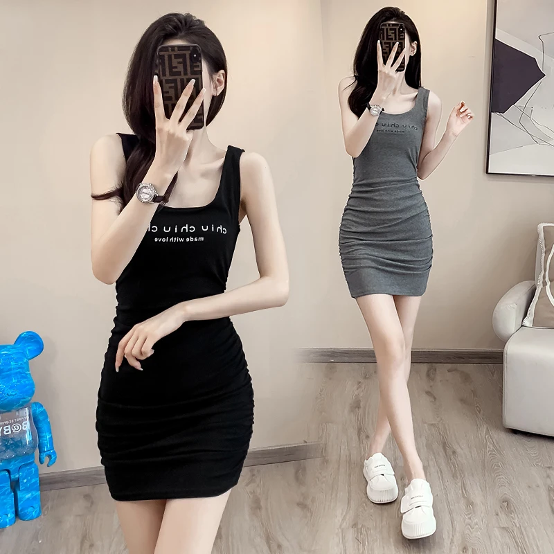 

Sexy Pure Lust Style Sweet and Spicy Letter T-shirt Suspended Tank Top Dresses 2023 Summer New Slim Fit Slim Wrap Hip Mini Dress