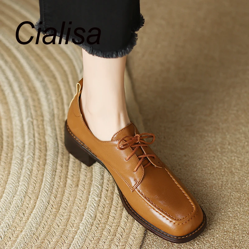 

Cialisa Women's Shoes 2023 Spring New Brown Genuine Leather Pumps Square Toe Cross-Tied Handmade Casual Lady Mid Heels Footwear