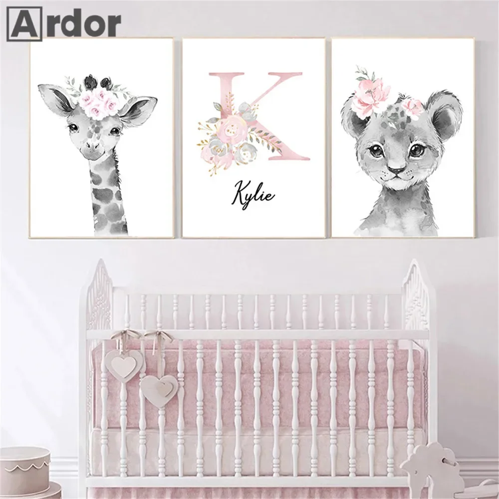 

Pink Flower Animal Custom Name Poster Lion Art Prints Giraffe Canvas Painting Nursery Wall Art Posters Picture Girls Room Decor