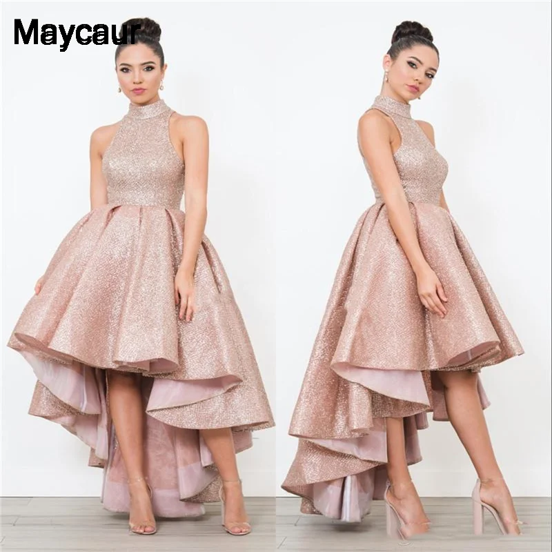 Sequined Arabic Short Prom Dresses High Neck Plus Size High Low African Girls Formal Pageant Evening Party Customized Women Prom Dresses