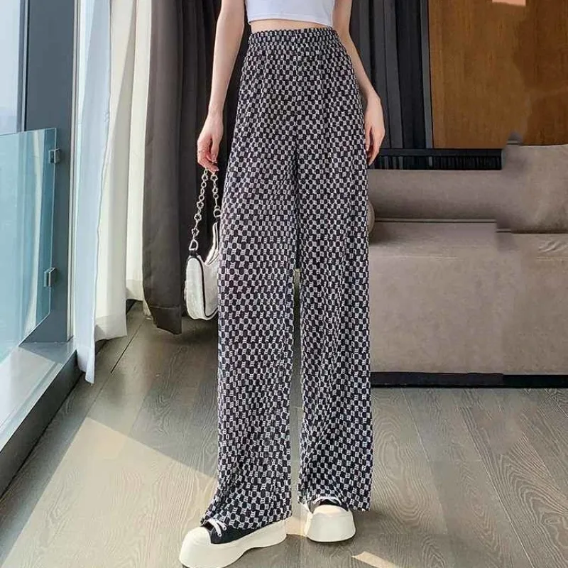 Women's Summer New Thin Fashionable Commute Elasticized High-waisted Plaid Straight Tie Dye Casual Ruched Silk Wide Leg Pants