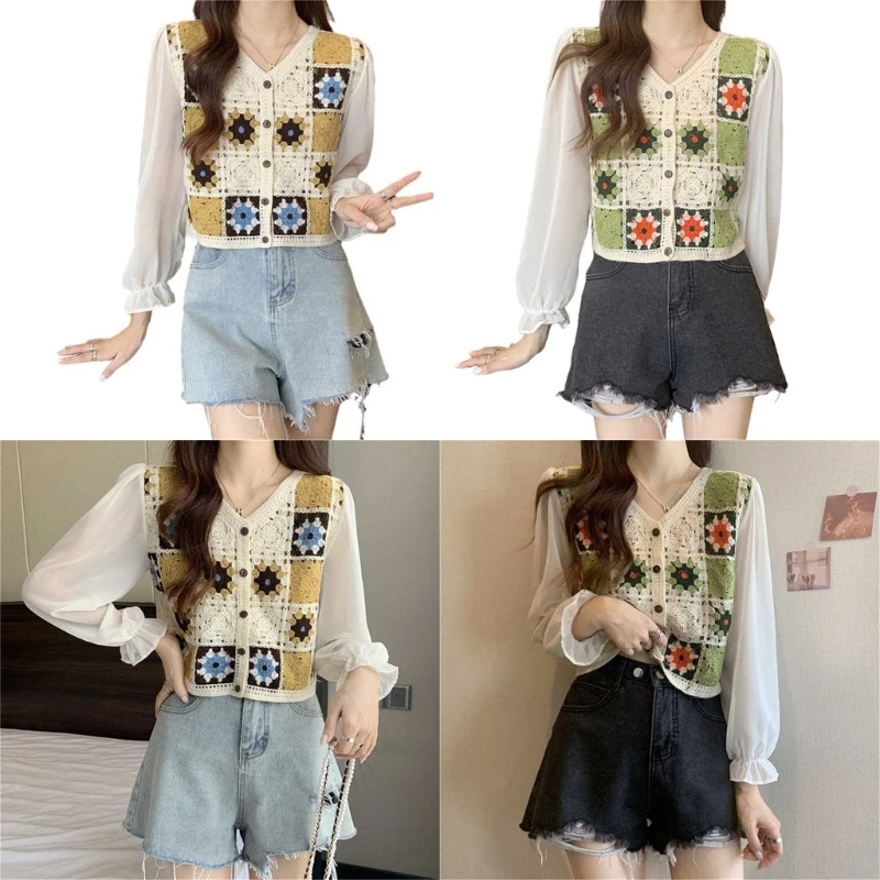 

Женские весенние шифоновые блузки с длинными рукавами и v-образным вырезом, вязаная крючком рубашка с вышивкой