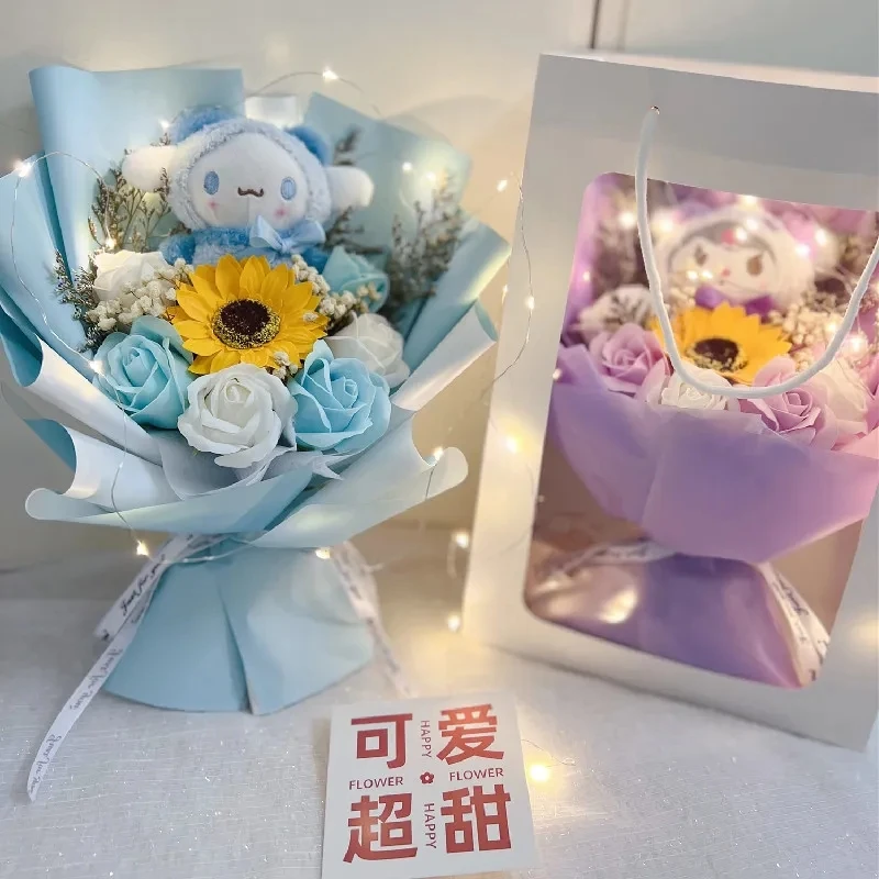 

Sanrio Hello Kitty Cartoon Kuromi Melody Cinnamoroll Plush Doll Bouquet Gift Box Toys For Valentine's Day Xmas Girl Friend Gift