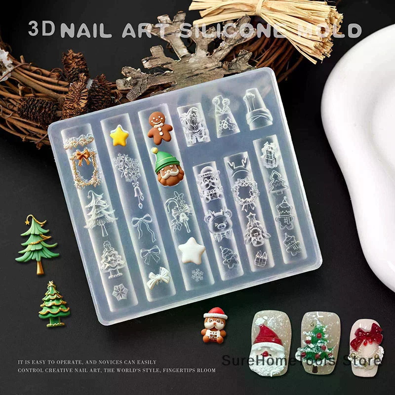 1pc 3D Christmas Silicone Nail Mold Snowman Christmas Tree Snowflake Nail Decorations DIY Manicure Mold Winter Festive Nail Art