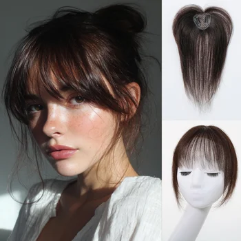 Topper per capelli 100% umani con frangia, marrone, 12 pollici, liscio, con clip, per donna, facile da indossare per uso quotidiano e feste