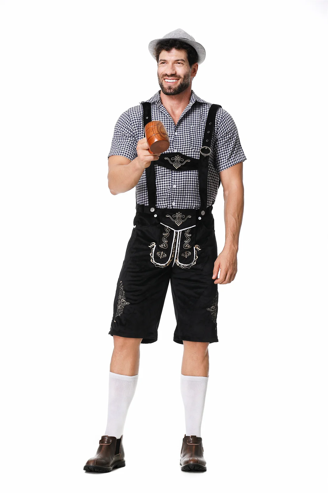 Costume Bavarois Complet Homme Oktoberfest - Lederhose Cuir, Chemise à Carreaux, Chapeau, Chaussettes