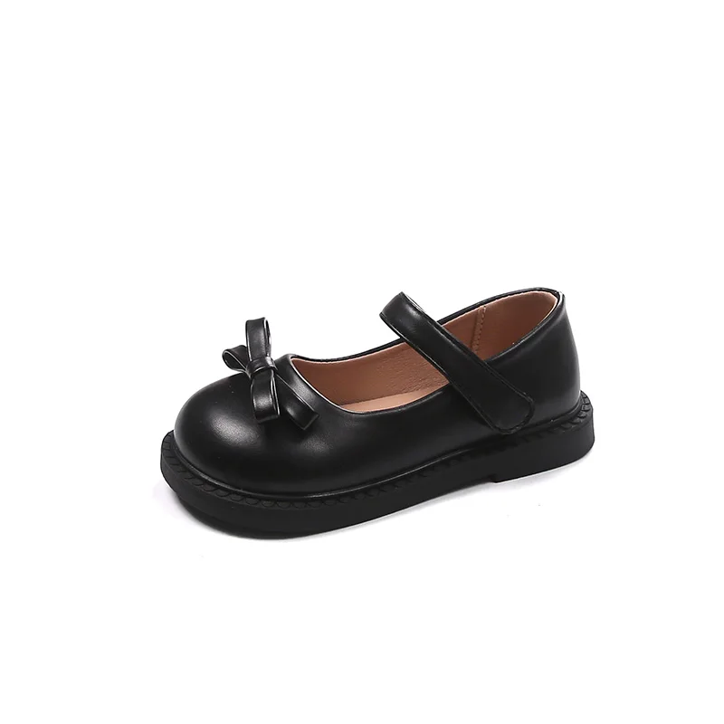Children's Beige Leather Bow Shoes - Soft Bottom, Non-Slip Princess Style