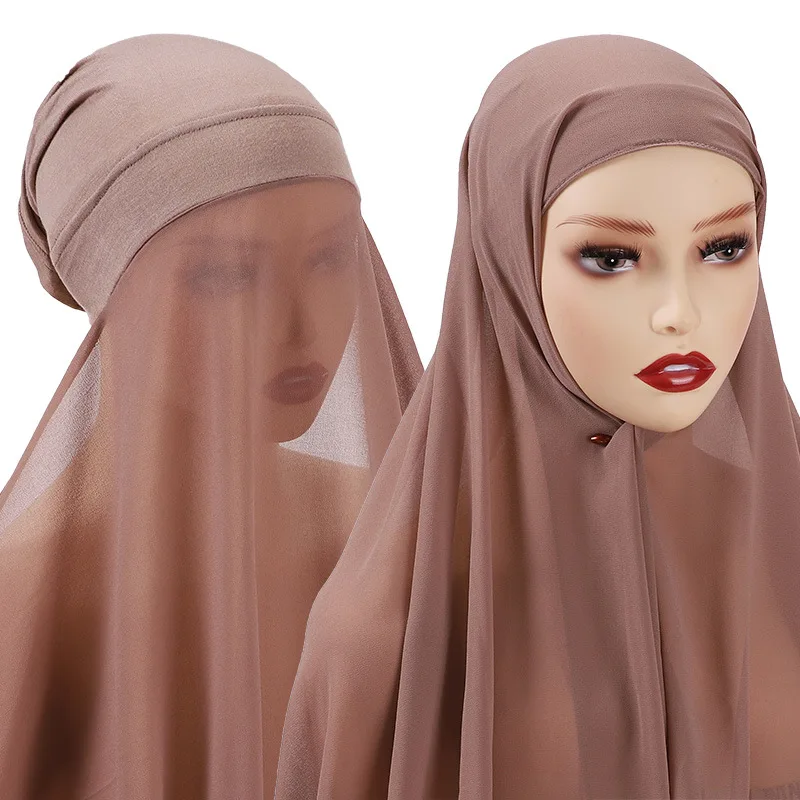 Hijab With Undercap Attached Chiffon Hijab Scarf Instant Muslim Women Fashion Headwrap Shawls Turban For Women muslim headwear head scarf hijab headscarf shawl scarf female head wraps