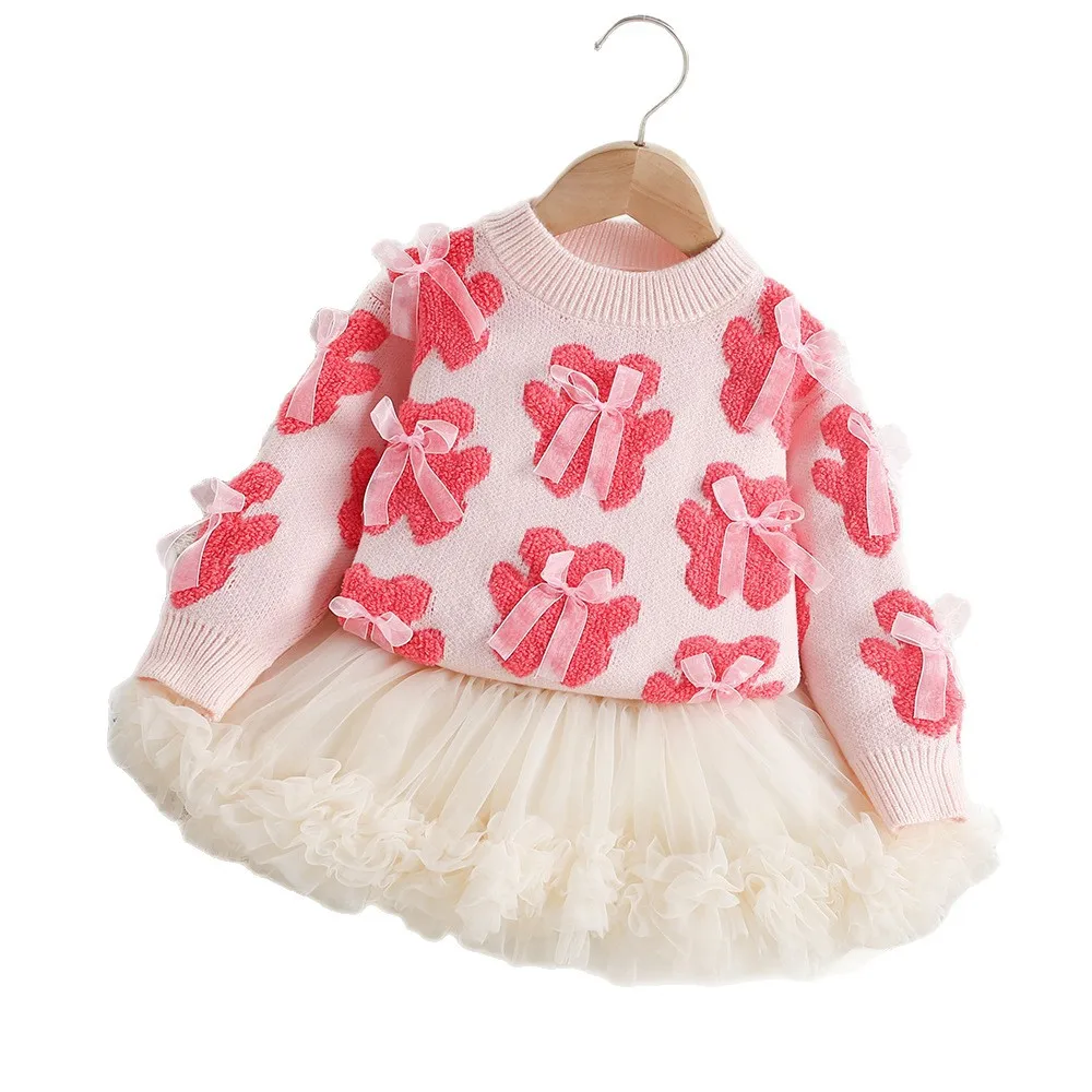 Girls Knitted Sweater And Mesh Skirt Autumn Outfit