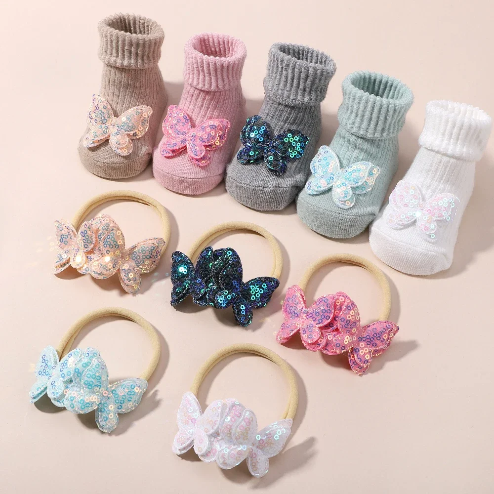 Newborn Baby Headband For Girls Elastic Knit Children Turban Baby Bows Soft Nylon Kids Headwear Hair Accessories with Baby Socks 4