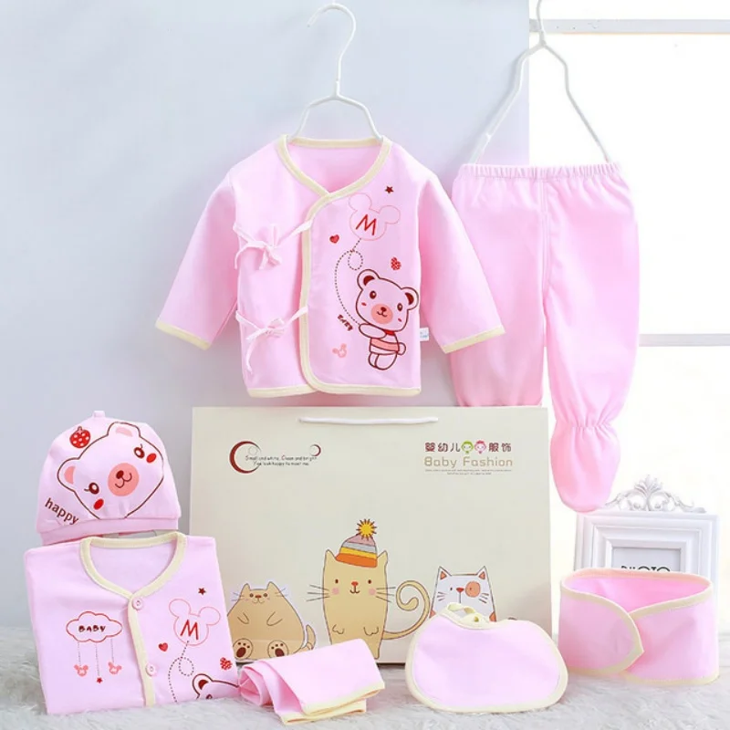 Newborn Baby Cartoon Animal Set Infant Cotton 7 - Piece Outfit Pajamas Bib Hat Pants Clohting Set