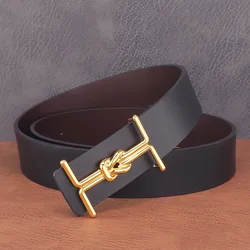 New I Knot Belt Men's Leather Smooth Buckle Smooth Finish 3.7cm Wide Belt Leather Youth Trend Casual Belt Luxury Designer