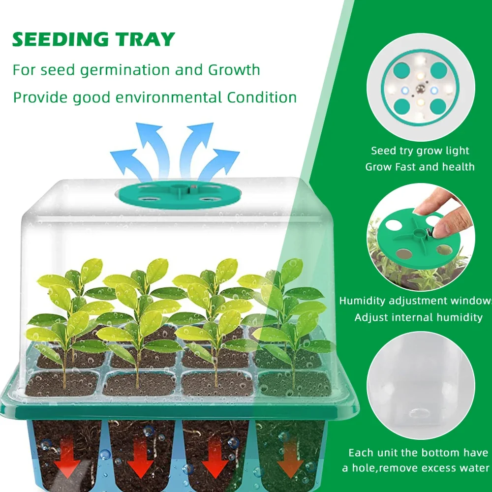Full Spectrum LED Grow Light with Seedling Tray Plant Seed Starter Trays Greenhouse Growing Trays with Holes 12 Cell Per Tray