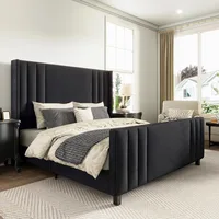 Queen Size Bed Frame, Velvet Upholstered Platform Beds with Vertical Channel Tufted Headboard & Footboard, Queen Size Bed Frame 1