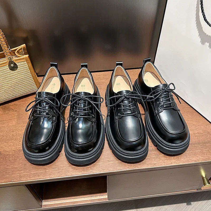 

New Four-season Women's Loafers, Genuine Leather Platform Shoes, Lace-up High-heeled Black British-style Small Leather Shoes