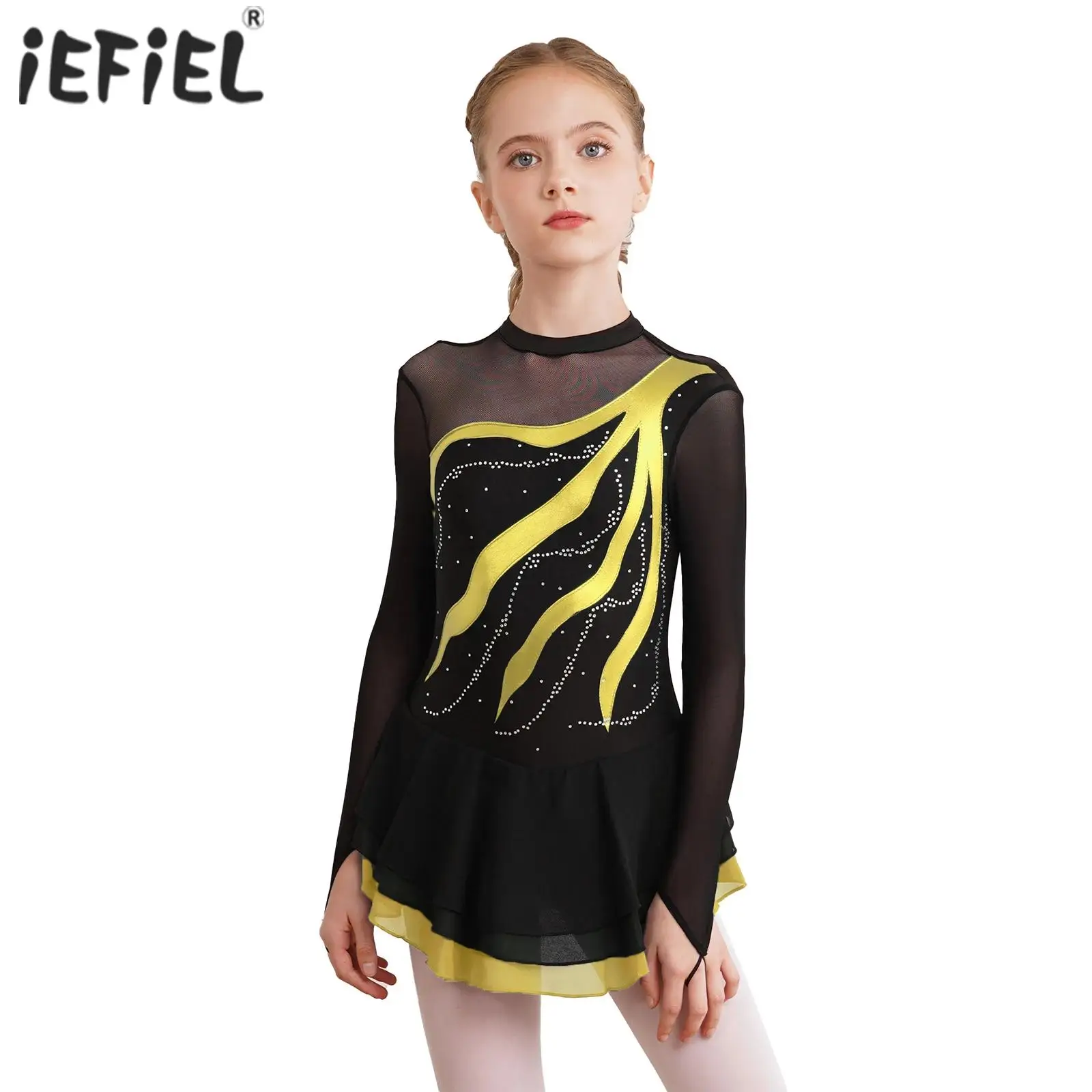 

Toddler Girls Ballet Professional Tutu Dress Figure Skating Dress Long Sleeve Round Neckline Rhinestone Decorated Kids Dancewear