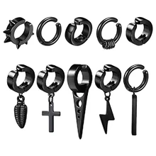 10 Pcs/1 Set Clip-on Hoop Earrings Men's Stainless Steel Fake Perforated Pendant Earrings Cross Feather Ear Clips