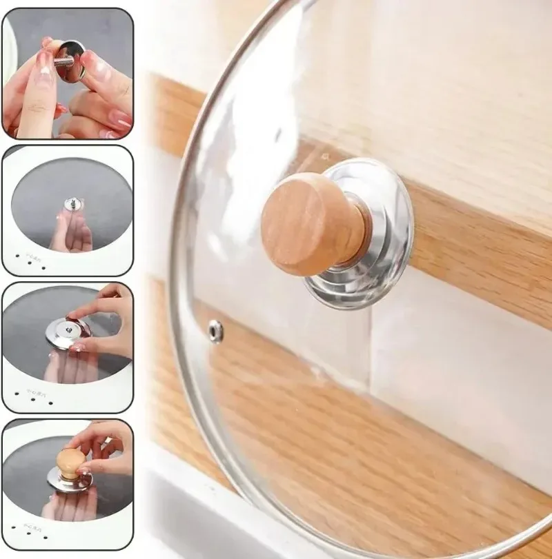 Universal Pot Lib Knobs Caps Wooden Heat-Resistant Cooking Pan Lid Covers Replacement Lifting Handle Kitchen Cookware Handgrip