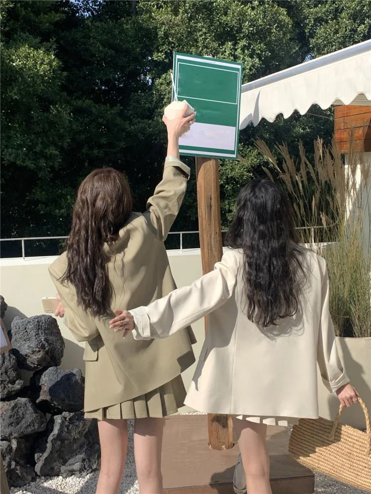 Korean Fashion Solid Two-piece Skirt Set Women Single Breasted Blazer Coat + Pleated Mini Skirt Autumn Office Lady Casual Suits