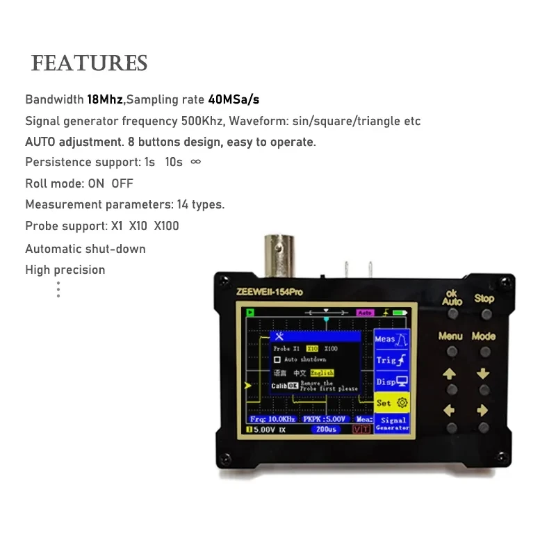 ZEEWEII DSO154Pro 2.4인치 화면 디지털 오실로스코프 18MHz 아날로그 대역폭 지원 신호 발생기