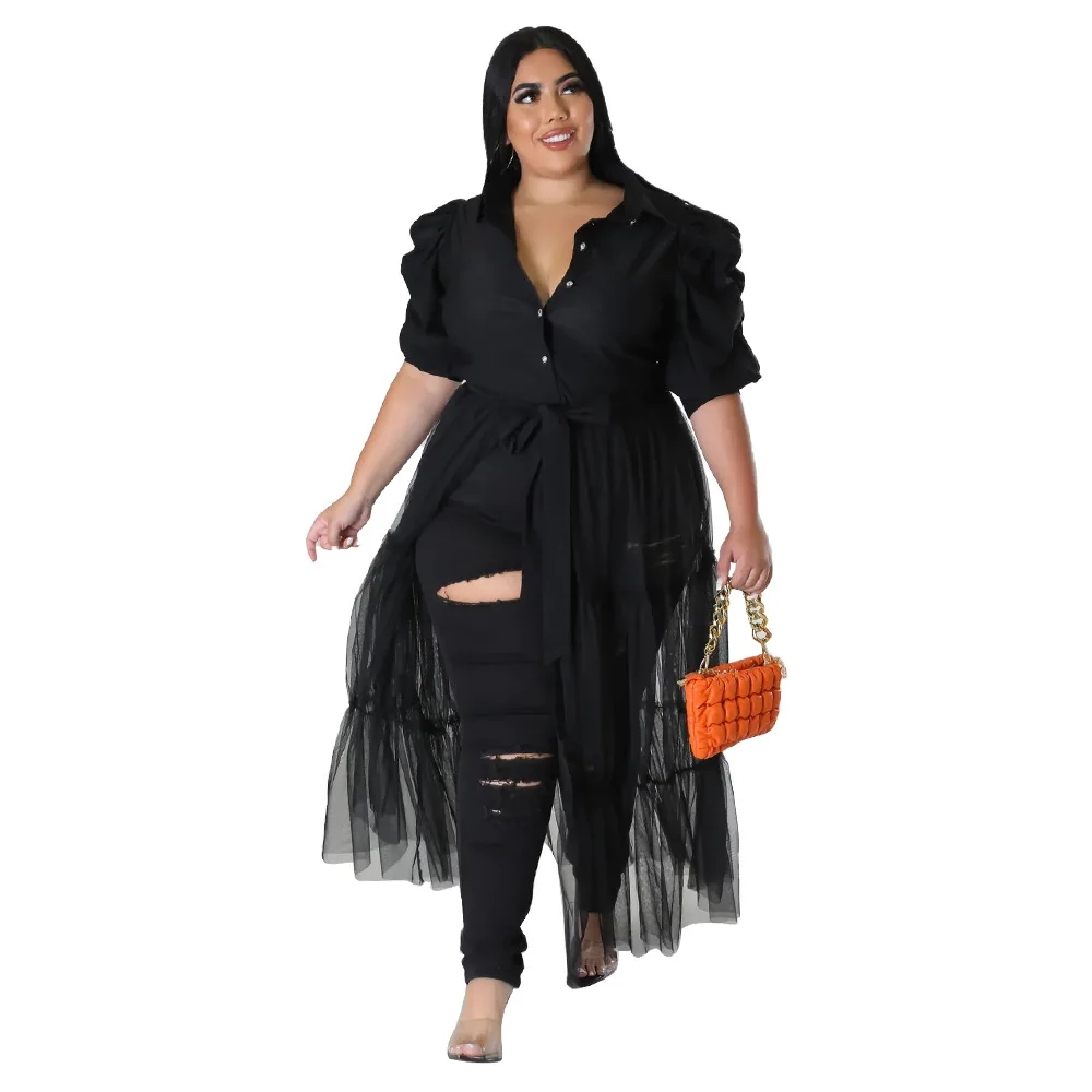 Plus Size Women Blouse Dress Puff Sleeve Mesh Party Dress Female Luxury 5xl Cloth Dinner Evening Robe 2023 Spring Designer Skirt