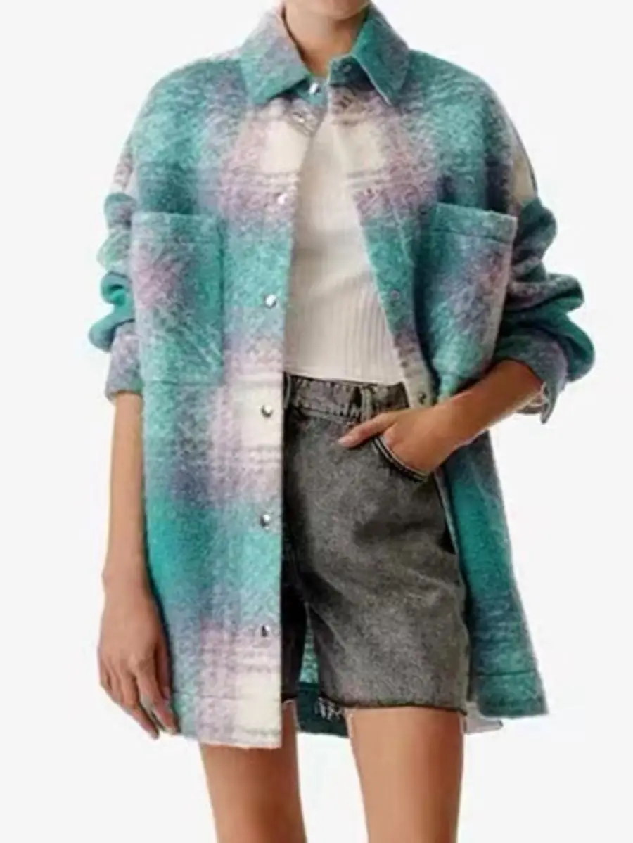 

Women Jacket Plaid Turn Down Collar Single Breasted Long Sleeve Casual 2023 Autumn Winter Coat with Pockets