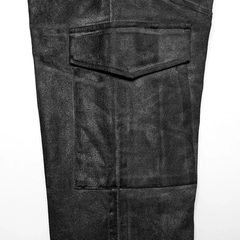 PUNK RAVE Men's Punk Distressed Irregular Texture Pants Decorative Drawstring Design Trousers Autumn Streetwear