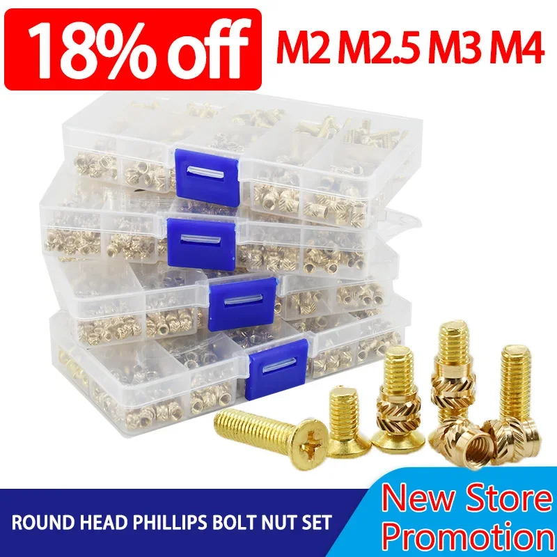 M2 M2.5 M3 M4 M5 Brass Insert Nuts Countersunk Screw Bolts Set Assortment Kit Hot Melt Knurled Thread Heat Injection Nut Bolt
