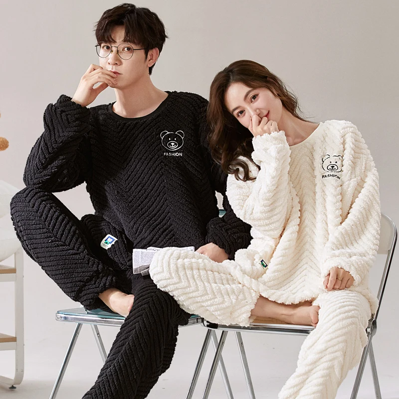 Winter and Autumn Couple Pijamas Set For Men Women Coral Fleece O Neck Homewear Man Pjs Female Pijamas Suit Pyjamas Home Clothes