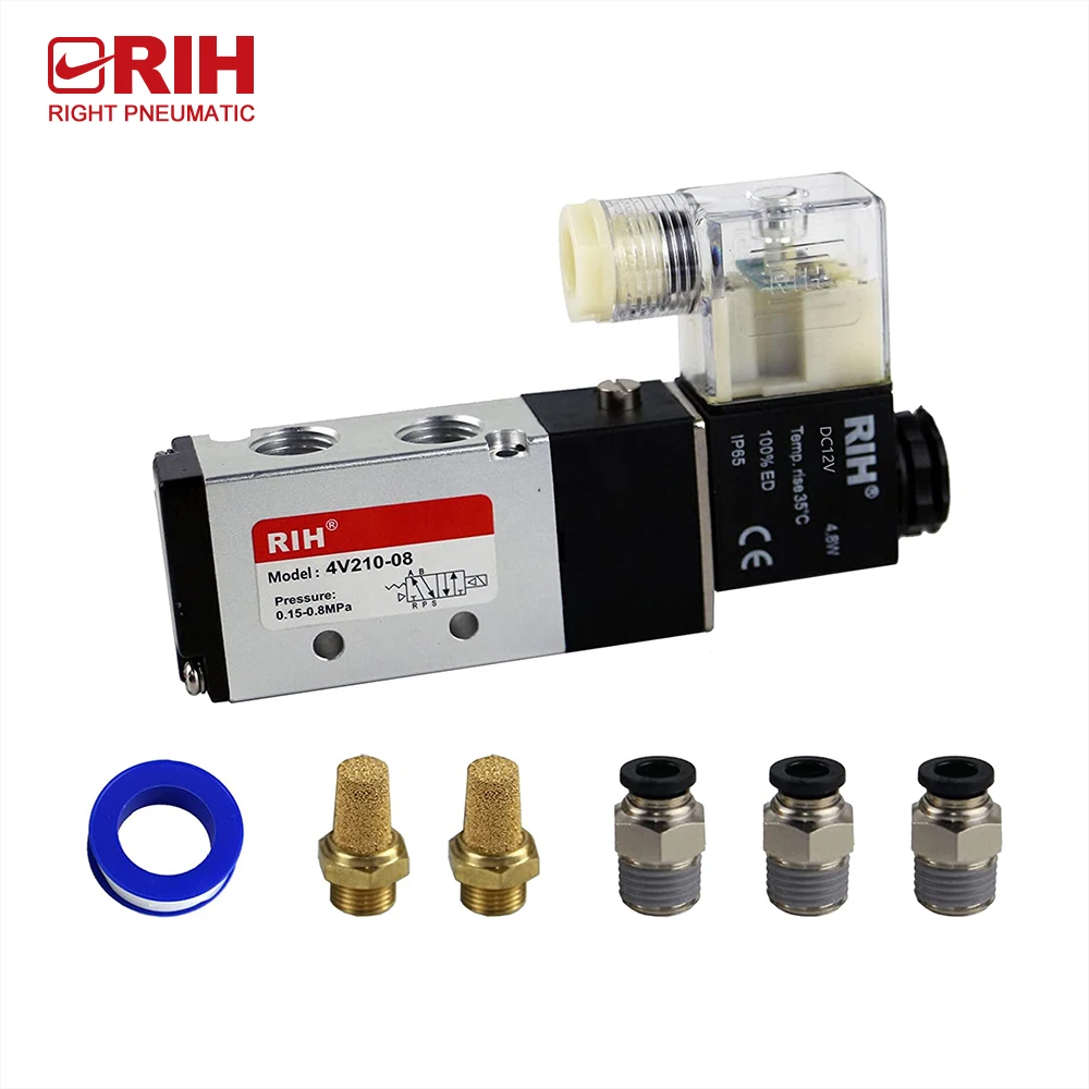 4V210-08 12V/24V/110V Single Coil Pilot-Operated Electric 2 Position 5 Way Connection Type RIH Pneumatics Solenoid Valve