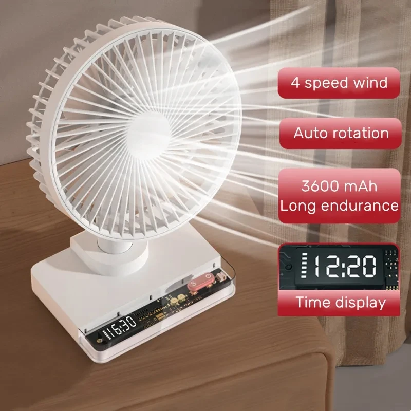 Electric Desktop Cooling Fan Auto Rotary Home Air Circulators 3600mAh USB Rechargeable Ventilation Table Fan with Clock Display