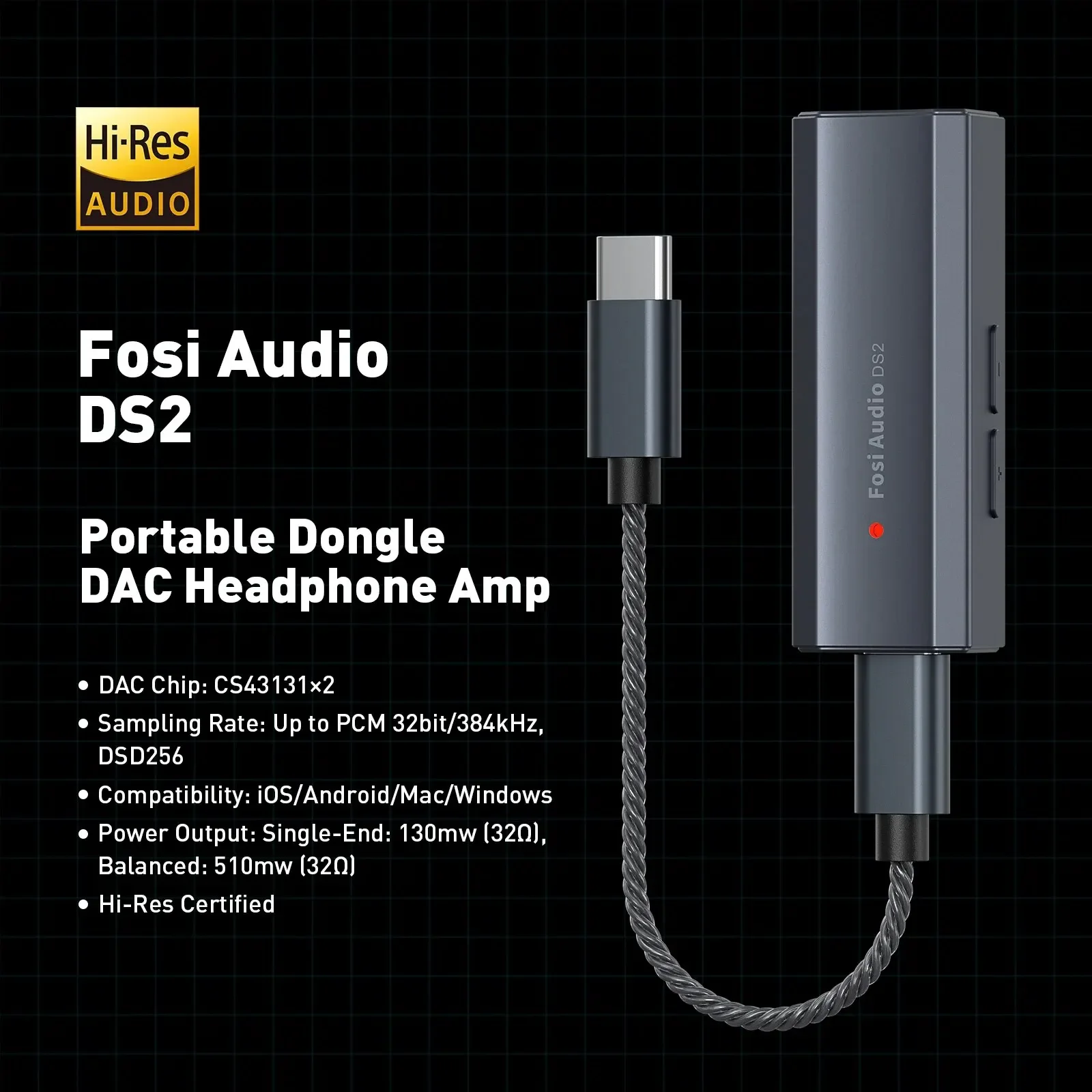 Fosi Audio DS2 Dual CS43131 Portable USB DAC & AMP Headphone Amplifier Portable Dongle DSD512 32Bit/768 Dual Outputs