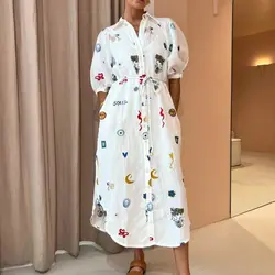 Elegant Casual Lapel Graffiti Print Shirt Dress Women Lace-up Single Breasted Commute Long Dress Fashion A-Line Cardigan Dresses