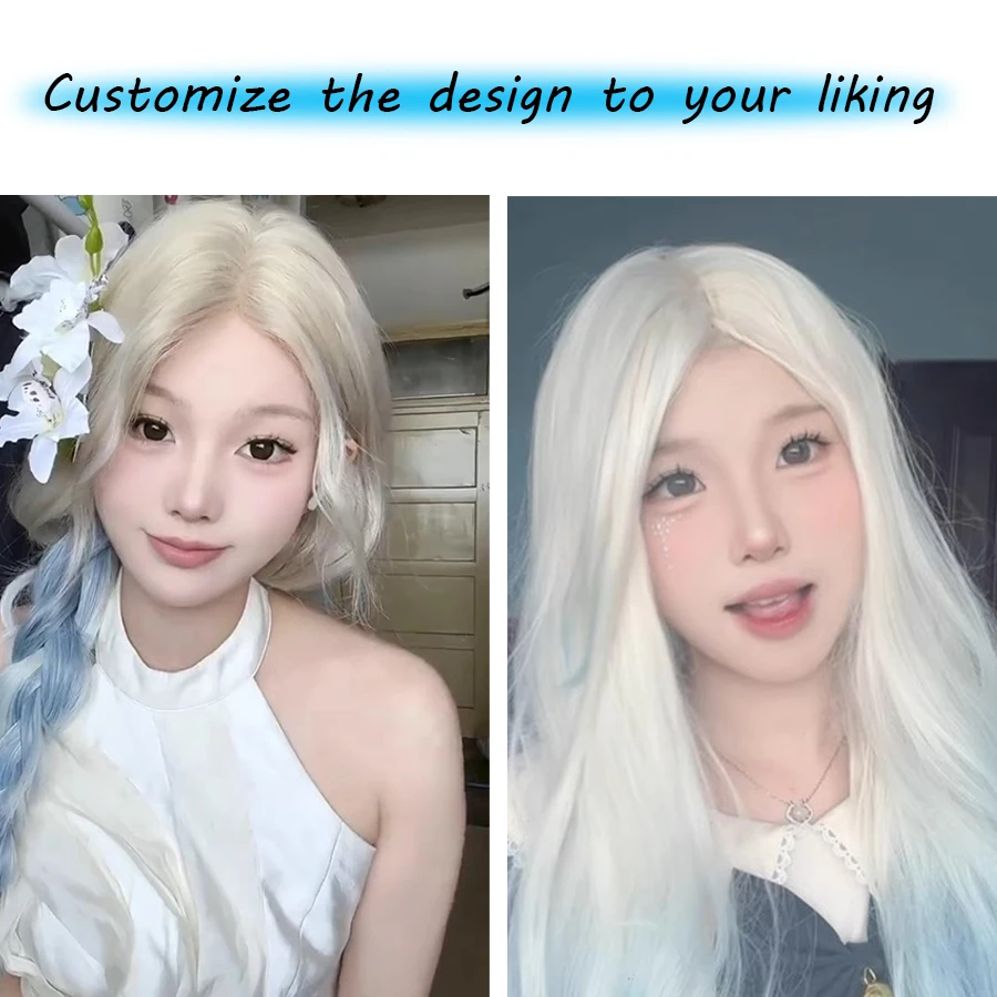 Synthetic Women Lolita Wavy Curly platinum Blue Mint Color Long Curly Hair Wigs With Bangs Cosplay Hair Wig For Daily Party ﻿