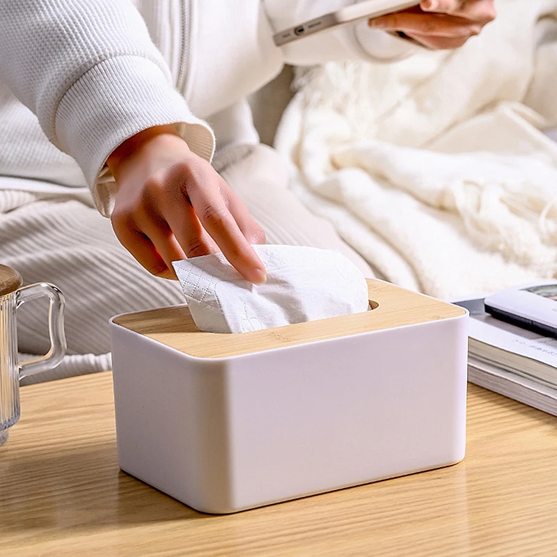Plastic Tissue Box Wooden Lid Square Napkin Holder Container Wet Tissue Paper Dispenser Case Modern Home Car Organizer 3