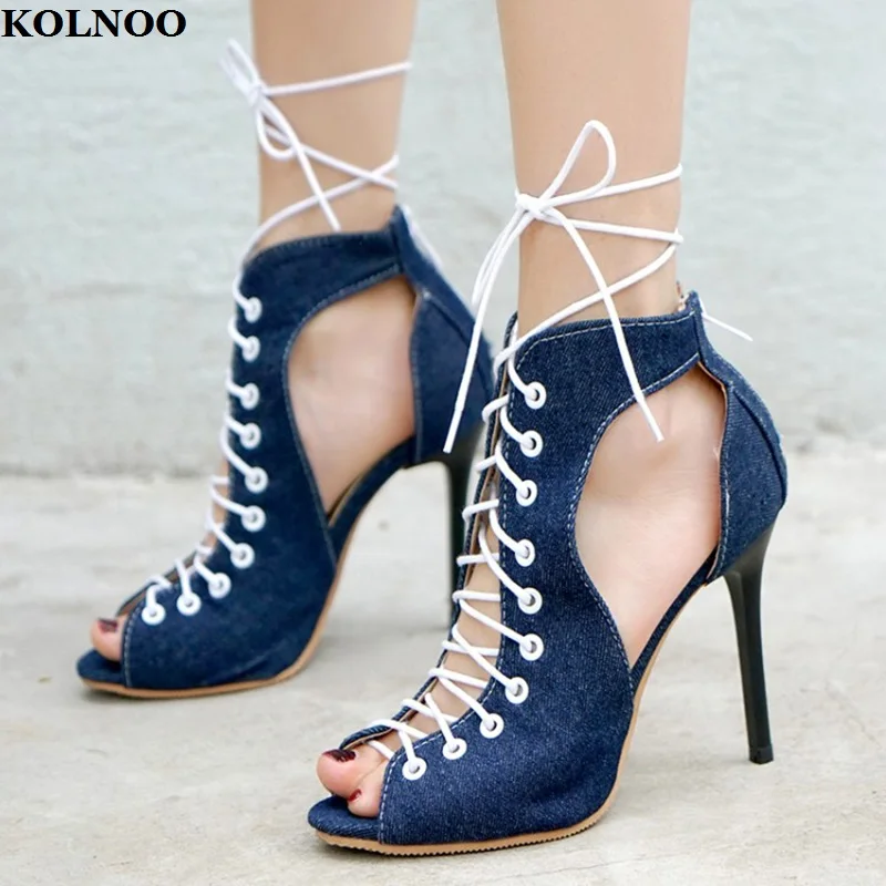 

Kolnoo Handmade New Arrival Ladies Stiletto Heels Sandals Denim Leather Peep-toe Crisscross Summer Evening Fashion Party Shoes