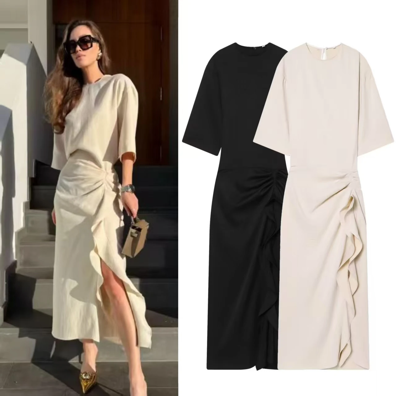 Vestido de Mujer, Primavera 2026, Nuevo Estilo, Color Rosa Nude, Manga Corta, Plisado, Decorado, Midi, Elegante y Gracioso