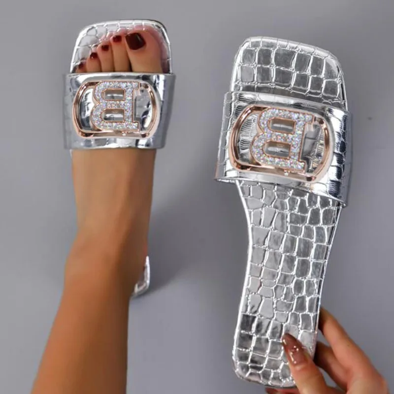 

Women Crocodile Print Flat Sandals Luxury Decor Fashion Design Open-toe Vacation Casual Slides Charm Elegant Office-Ladies Shoes