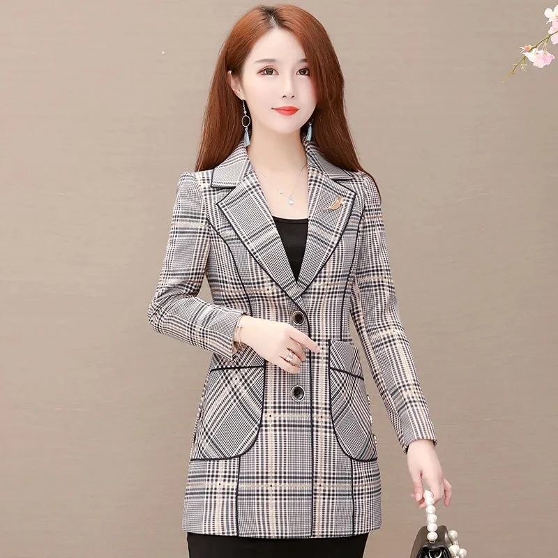 New Suit Ladies Plaid Long Coat In The Spring Of 2023 New Temperament Moms Fashion Slim Loose And Explosive Suit Pocket CoatTide
